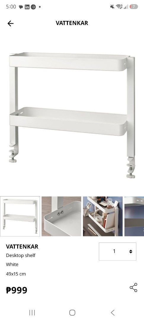 IKEA VATTENKAR Desktop shelf white 49x15 cm (Category: Shelves, Cabinets & Racks) located in Makati City. Submitted by mkdmaniego (Listing ID 1469243037, Image 1). Description: - Model: IKEA VATTENKAR desktop shelf - Color: White - Dimensions: 49x15 cm - Adjustable shelves with three different positions to fit against a wall or between desks - Soft-surface screw mounts protect your table from scratches - Easy to attach and remove for flexible wor