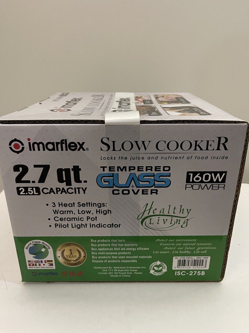 Imarflex Slow Cooker ISC-275B 2.7qt 2.5L (Category: Cookers) located in Quezon City. Submitted by bravehorse_f1f6d5 (Listing ID 1469284207, Image 3). Description: - Brand: Imarflex - Model: ISC-275B - Condition: Brand new, still in original box - Capacity: 2.7 Quart / 2.5 Liters - Power: 160W - Features: Removable ceramic inner pot, tempered glass cover, pilot light indicator - Heat Settings: Warm, Low, High - Best for: Stews, soups, and pot roas