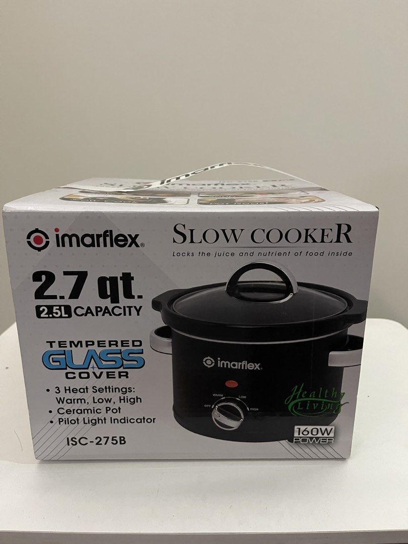 Imarflex Slow Cooker ISC-275B 2.7qt 2.5L (Category: Cookers) located in Quezon City. Submitted by bravehorse_f1f6d5 (Listing ID 1469284207, Image 1). Description: - Brand: Imarflex - Model: ISC-275B - Condition: Brand new, still in original box - Capacity: 2.7 Quart / 2.5 Liters - Power: 160W - Features: Removable ceramic inner pot, tempered glass cover, pilot light indicator - Heat Settings: Warm, Low, High - Best for: Stews, soups, and pot roas