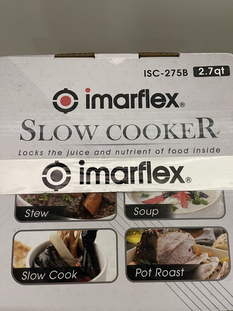 Imarflex Slow Cooker ISC-275B 2.7qt 2.5L (Category: Cookers) located in Quezon City. Submitted by bravehorse_f1f6d5 (Listing ID 1469284207, Image 2). Description: - Brand: Imarflex - Model: ISC-275B - Condition: Brand new, still in original box - Capacity: 2.7 Quart / 2.5 Liters - Power: 160W - Features: Removable ceramic inner pot, tempered glass cover, pilot light indicator - Heat Settings: Warm, Low, High - Best for: Stews, soups, and pot roas