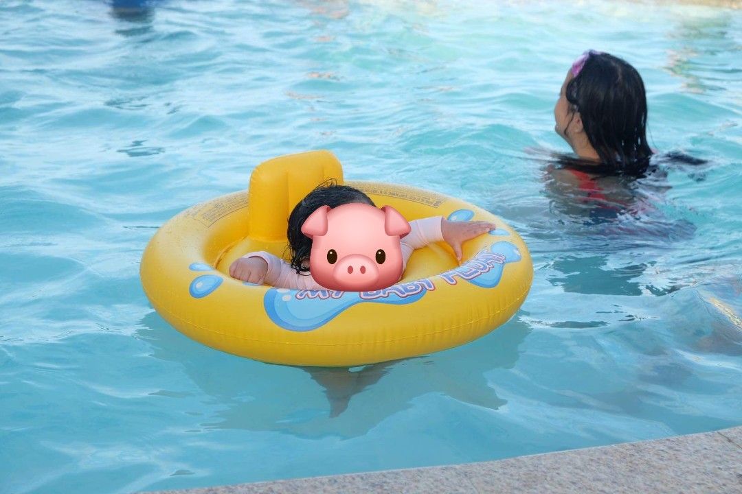 Intex My Baby Float Inflatable Pool Ring (Category: Infant Playtime) located in Bulacan. Submitted by gtrvddg (Listing ID 1469253661, Image 2). Description: - Brand: Intex baby float - Color: Bright yellow with blue graphics and bubble design - Features: Built-in seat with secure leg holes for safe water play - Size: Standard toddler size - Condition: Like New (used once).