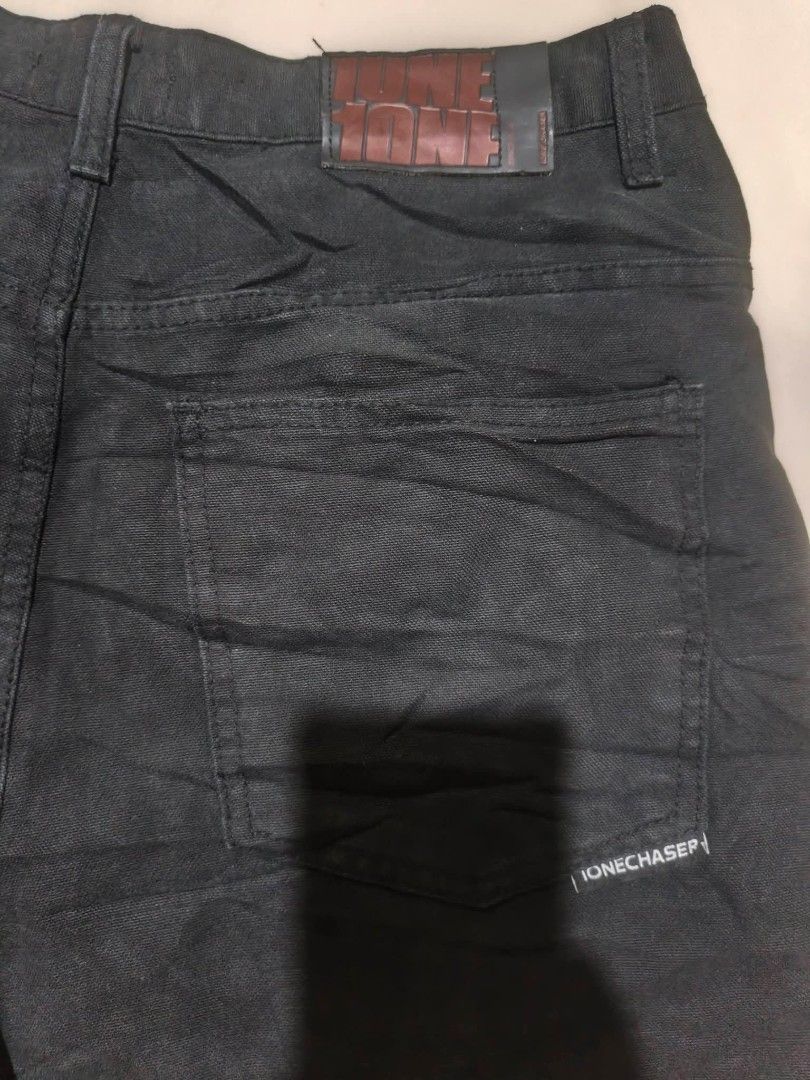 Ione Denim Shorts Black (Category: Shorts) located in San Carlos City. Submitted by dhong_abay_thrift (Listing ID 1469201130, Image 3). Description: - Brand: Ione - Color/Wash: Black denim, dark wash - Closure: Standard button fly - Fit: Straight cut - Details: Back patch pockets with branded logo patch and waistband label - Style: Versatile everyday streetwear essential - Condition: Excellent / Ready to ship 30-32 waist x 23L x 13.5 hem.