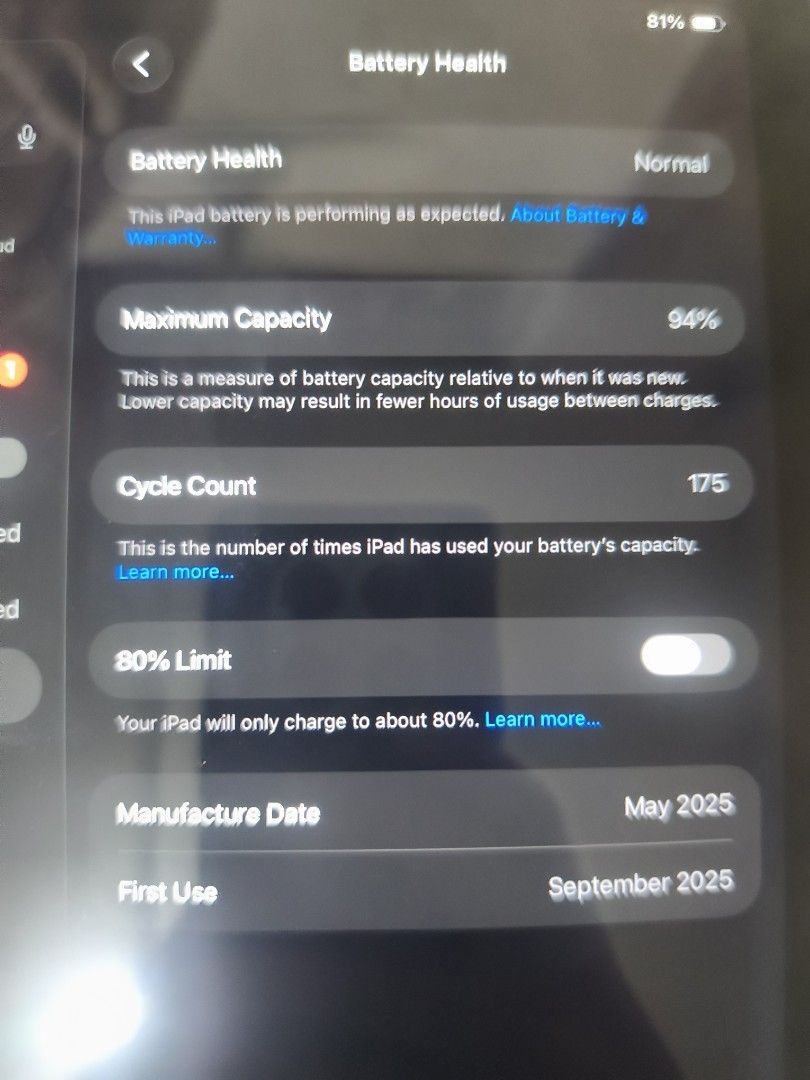 Ipad a16 11th gen (94bh, 175cc only) (Category: iPad) located in Quezon City. Submitted by tiny_bean (Listing ID 1469302806, Image 2). Description: Selling it low for end users, not for bns, nahahalata ko kayo Unit only, no box, no charger (Mura lang naman compatible charger nyan, 319 bili ko sa ugreen) 94% bh, 175cc Fixed price Will not reply to those who negotiate pa Location: Cubao, Qc.