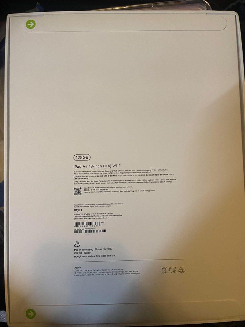iPad Air 13 inch (m4) (Category: iPad) located in Quezon City. Submitted by spron78 (Listing ID 1469256206, Image 2). Description: * not yet activated - Model: iPad Air 13-inch (M4) - Storage: 128GB - Color: Starlight - Connectivity: Wi-Fi - Condition: Brand new, sealed in box - Meetup available at Renaissance 3000, Meralco Ave, Pasig .
