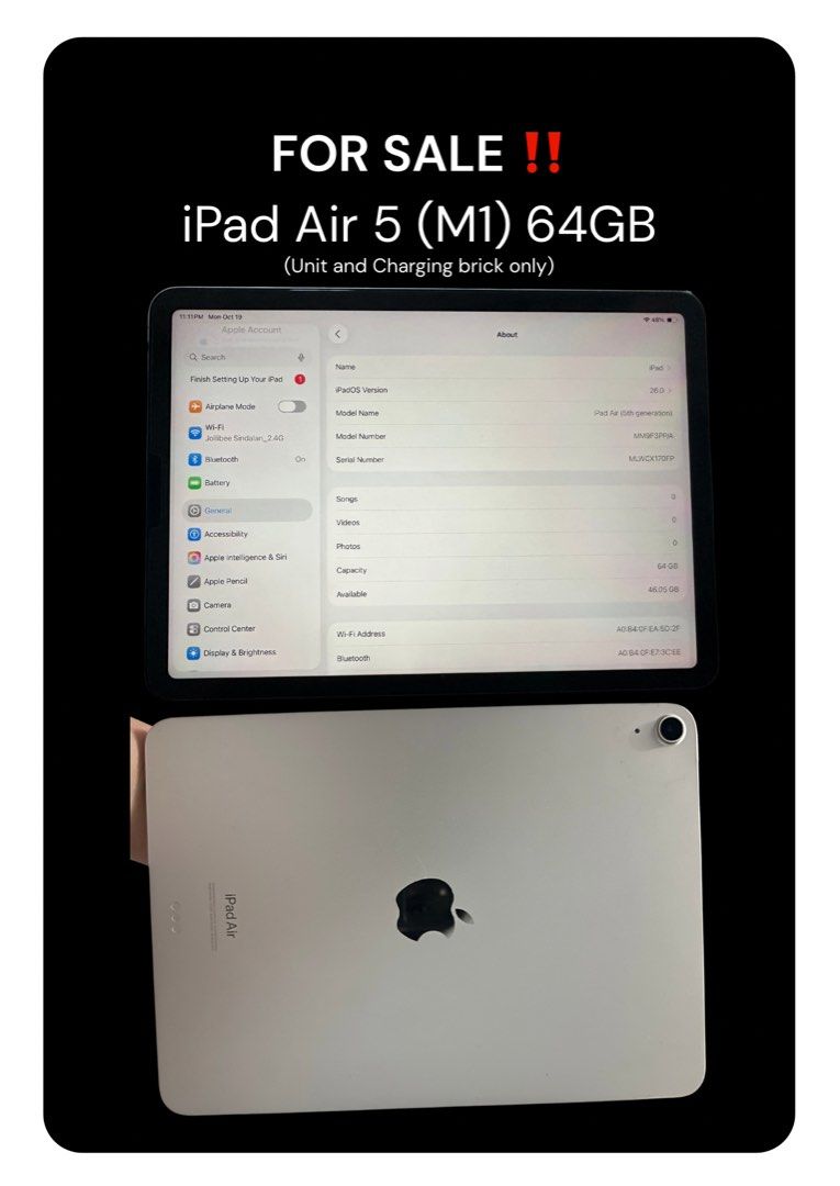 iPad Air 5 (M1) 64GB Starlight (Category: iPad) located in Manila. Submitted by beadln (Listing ID 1469216176, Image 2). Description: - Starlight - M1 Chip - 64GB Storage - No box, no charging cord (charging brick only) - Minor paint fade on side (from pencil) - No scratches, dents, or bends on the iPad itself - Location: Sampaloc, Manila or San Fernando, Pampanga.