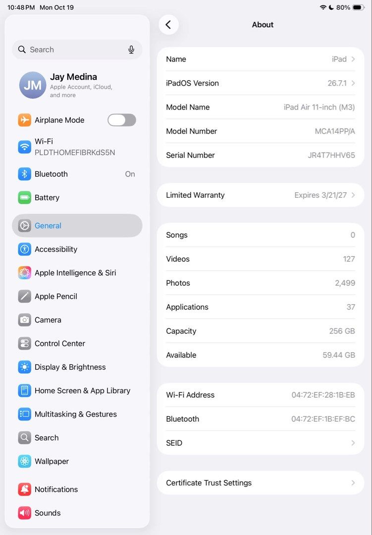 Ipad air M3 256gb wifi (Category: iPad) located in Manila. Submitted by jeyyyyyyyyyyyyyy (Listing ID 1469311056, Image 3). Description: 6 months old Still on warranty 96% batt health No issue All working Free stylus pen and 2 case Rsf: badly need cash Can do meet ups around manila and makati.