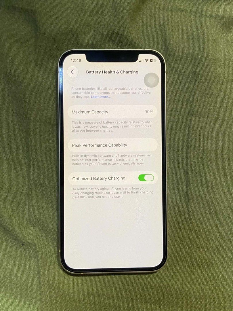 Iphone 12 (Category: iPhone 12 Series) located in Quezon City. Submitted by xarxeaa (Listing ID 1469180841, Image 3). Description: Iphone 12 sale or swap No issue F.U 90% Bh 128gb Dual sim have fave id and true tone minimal dents due to hard case no repair history .