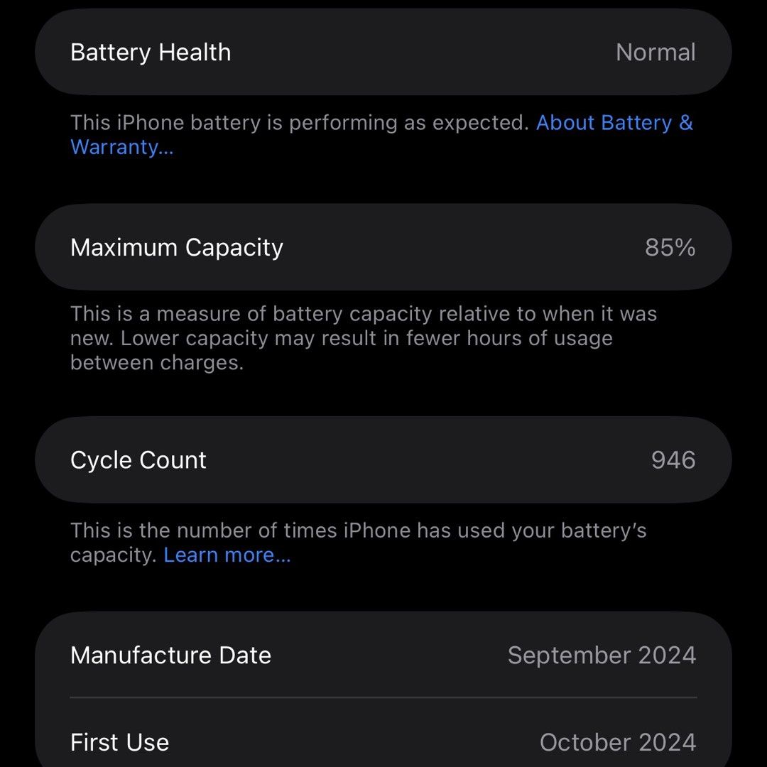 IPhone 16 Pro Max - 256gb (Category: iPhone 16 Series) located in Manila. Submitted by luckyturtle67 (Listing ID 1469299171, Image 3). Description: IPhone 16 Pro Max - Desert Titanium 256 GB 85% - Normal Battery Health 946 Cycle Count October 2024 - October 2026 No Issues Complete Inclusion Free 10+ Phone Cases Meet Up: SM Sta Mesa or UST .