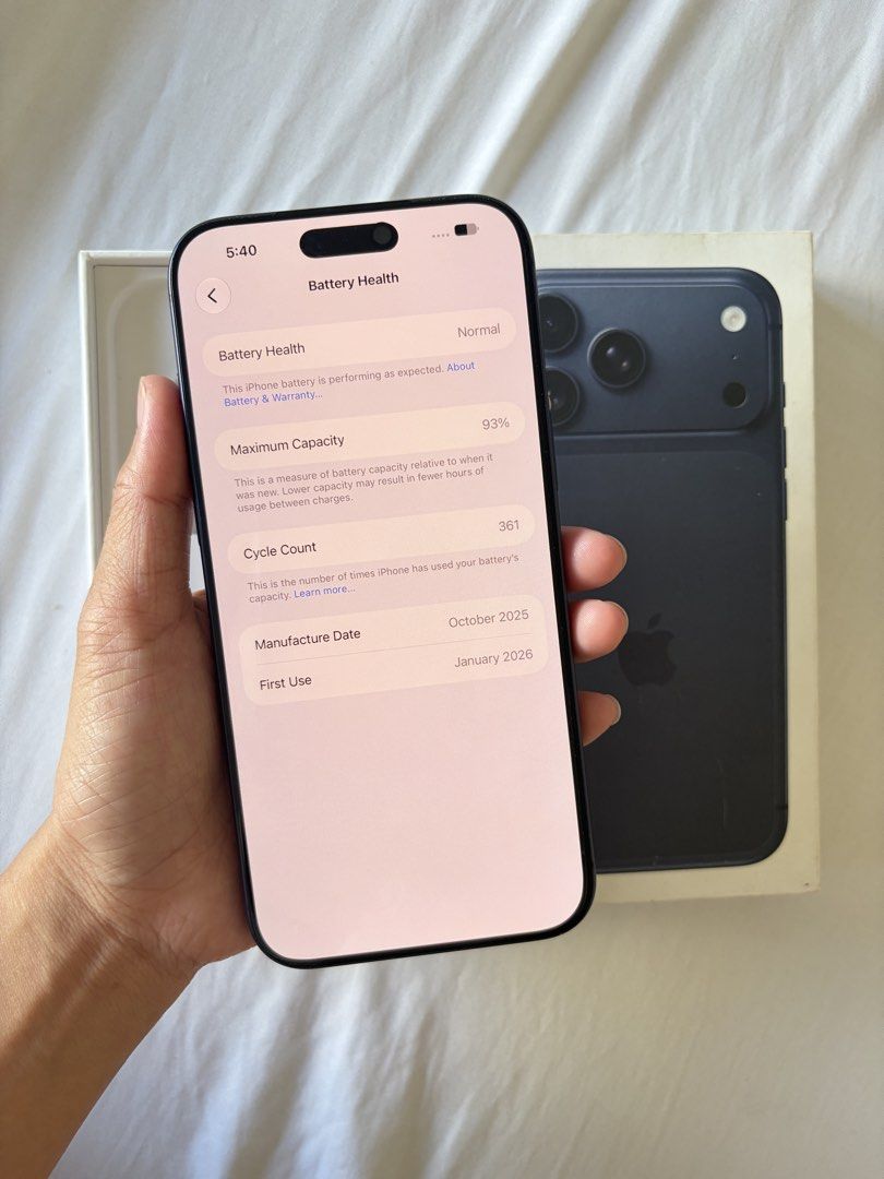 iPhone 17 Pro Max 512GB Blue (.5x camera dark spot) (Category: iPhone 17 Series) located in Cavite. Submitted by maerox (Listing ID 1469235788, Image 3). Description: For sale or swap IPhone 17 Pro Max 512GB (Blue) with unused cord Issue: .5 Camera gray spot, not sure if dust lang sa lens pero sa .5 lang sya meron, di gngamit .5x kaya ngayon lang napansin. Never nalaglag 💯 see last photo to see small dark gray spots 93% BH Until January 2027 War