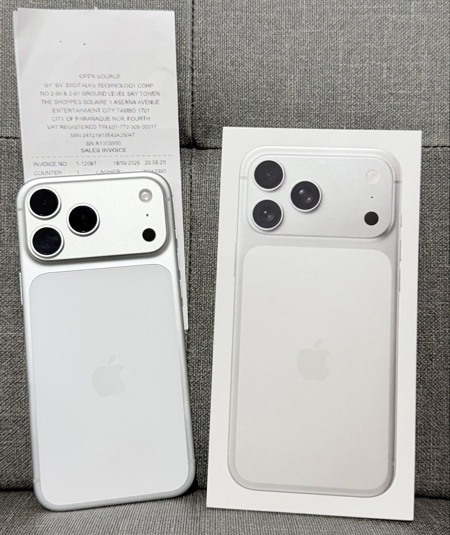 iPhone 17 Pro Max 512gb Openline slightly used 23cc only (Category: Other Gadgets) located in Quezon City. Submitted by mva08 (Listing ID 1469227709, Image 2). Description: - iPhone 17 Pro Max 512gb - slightly used only (23cc as of posting) - Color: Silver - Battery Health: 100% - Smoothness: 100% - from Beyond the Box with receipt - Limited Warranty Expires: Sept.17, 2027 - Includes Box same imei orig cord and receipt - no issue or what‼️bagong 