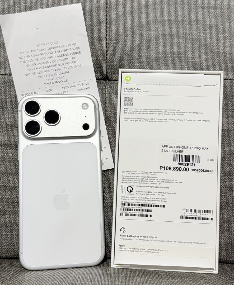iPhone 17 Pro Max 512gb Openline slightly used 23cc only (Category: Other Gadgets) located in Quezon City. Submitted by mva08 (Listing ID 1469227709, Image 1). Description: - iPhone 17 Pro Max 512gb - slightly used only (23cc as of posting) - Color: Silver - Battery Health: 100% - Smoothness: 100% - from Beyond the Box with receipt - Limited Warranty Expires: Sept.17, 2027 - Includes Box same imei orig cord and receipt - no issue or what‼️bagong 