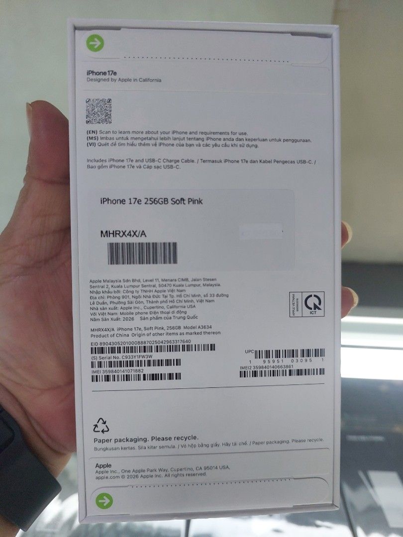 Iphone 17e 256gb soft pink brandnew (Category: Other Mobile & Gadget Accessories) located in Manila. Submitted by chelle_gadgetshop (Listing ID 1469263055, Image 2). Description: iphone 17e soft pink 256gb brandnew sealed all original ntc approval 1year warranty apple and my physical store we accept trade in and credit card installment call or text me 09279944333.09353229255 we do meet up cash on delivery .