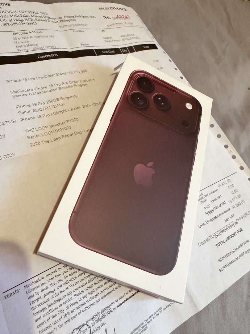 Iphone 18 pro 256gb Brandnew (Category: iPhone 18 Series) located in Quezon City. Submitted by tyler8. (Listing ID 1469199185, Image 1). Description: Iphone 18 pro 256gb Brandnew With midnight launch freebies mobile care worth 8k service SRP PRICE: 99,990 SELLING PRICE: 92,000 only open for swap to any lower model Comes with official receipt under my name with indicated worth 8k mobile care. Strictly for meetup or pickup sa house ko Pickup loc Ma