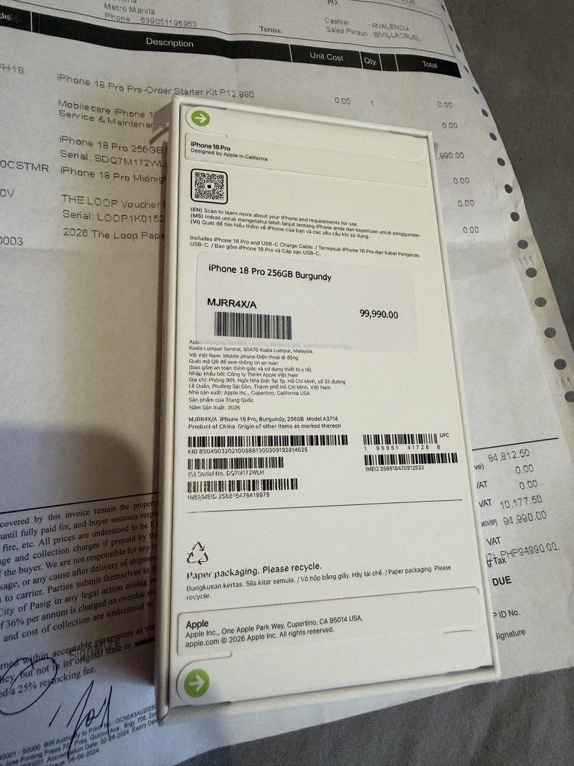 Iphone 18 pro 256gb Brandnew (Category: iPhone 18 Series) located in Quezon City. Submitted by tyler8. (Listing ID 1469199185, Image 2). Description: Iphone 18 pro 256gb Brandnew With midnight launch freebies mobile care worth 8k service SRP PRICE: 99,990 SELLING PRICE: 92,000 only open for swap to any lower model Comes with official receipt under my name with indicated worth 8k mobile care. Strictly for meetup or pickup sa house ko Pickup loc Ma