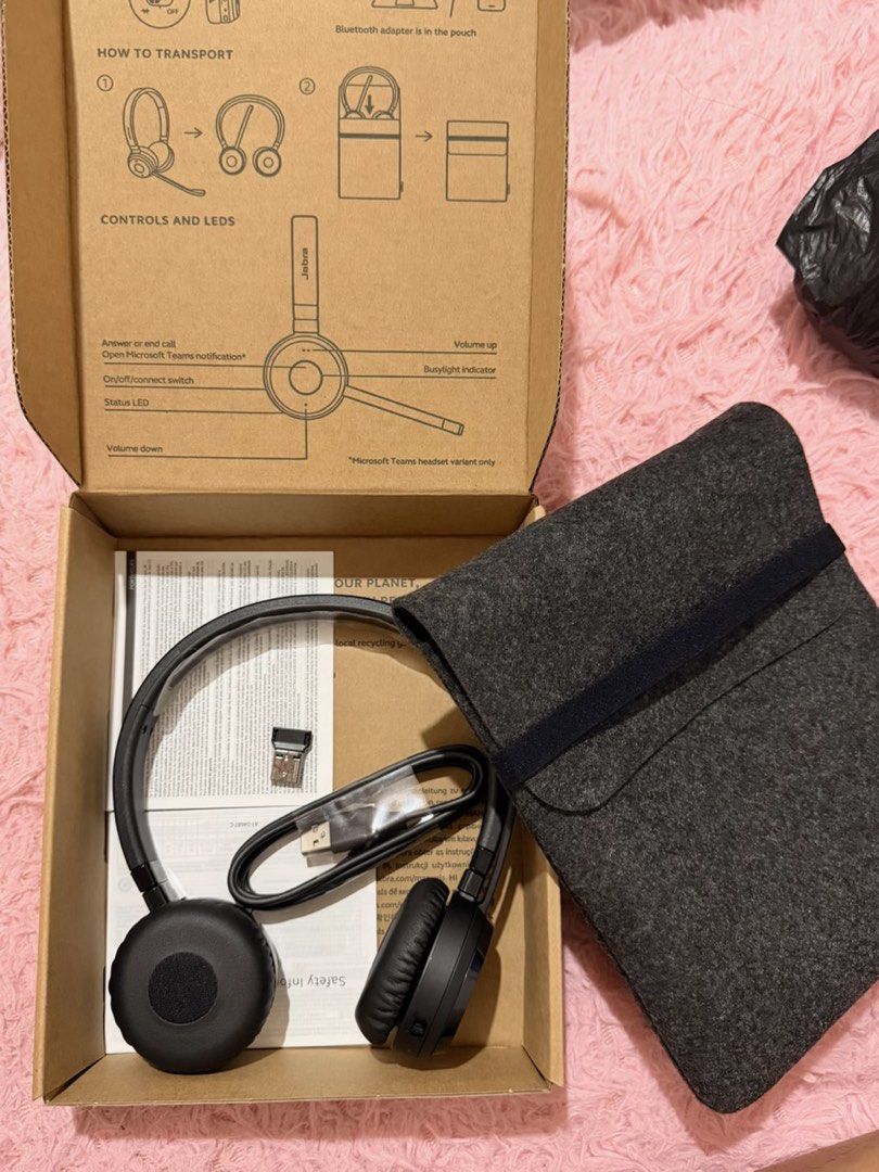 Jabra Evolve 65 Professional Wireless Headset (Category: Headphones & Headsets) located in Quezon City. Submitted by derecjovs (Listing ID 1469226330, Image 2). Description: Jabra Evolve 65 Wireless Headset (Black) Bought for SRP (8k) - Condition: Brand new and Not even fitted. - Features: Professional call quality, comfortable on-ear design, Noise-Cancellation - Inclusions: USB charging cable, Bluetooth USB adapter, soft grey felt carrying pouch