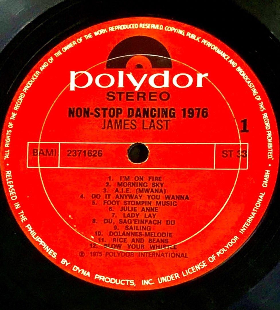 JAMES LAST - NON- STOP DANCING 1976 LP DISCO POPULAR DANCE HITS (Category: Vinyls) located in Caloocan City. Submitted by vinyl_filipinas (Listing ID 1469180549, Image 3). Description: JAMES LAST - NON- STOP DANCING 1976 LP DISCO POPULAR DANCE HITS Genre: Disco | Pop | Non-Stop Hits | Popular Dance Hits Year: 1975 Catalog No: BAMI-2371626 Label: Polydor Records Released By Dyna Peoduct Inc, Philippines Side One: 1. I’m On Fire 2. Morning Sky 3. A