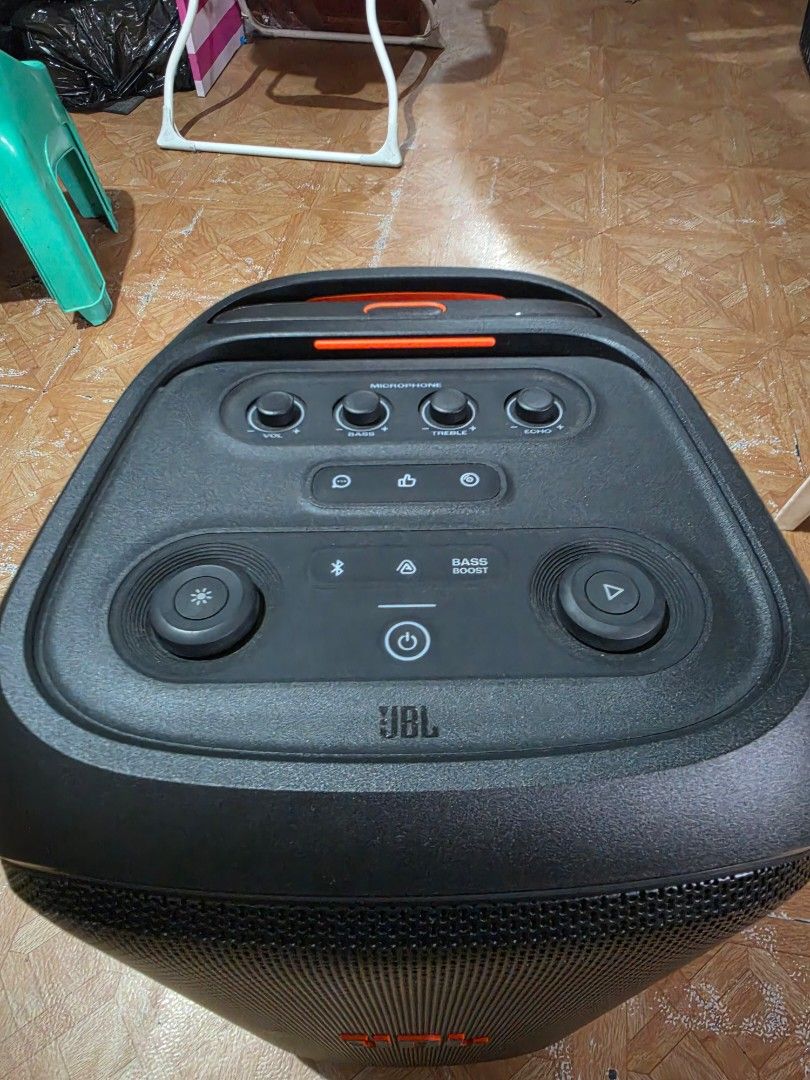 JBL PartyBox Stage 320 Bluetooth Speaker with Stand (Category: Soundbars, Speakers & Amplifiers) located in Quezon City. Submitted by paulcera (Listing ID 1469209693, Image 3). Description: - JBL PartyBox Stage 320 speaker with loud sound and built-in lights - Telescopic handle and wheels for easy transport - Top control panel featuring bass boost, volume, and mic settings - Back panel equipped with USB port, AUX input, and dual mic/guitar inputs