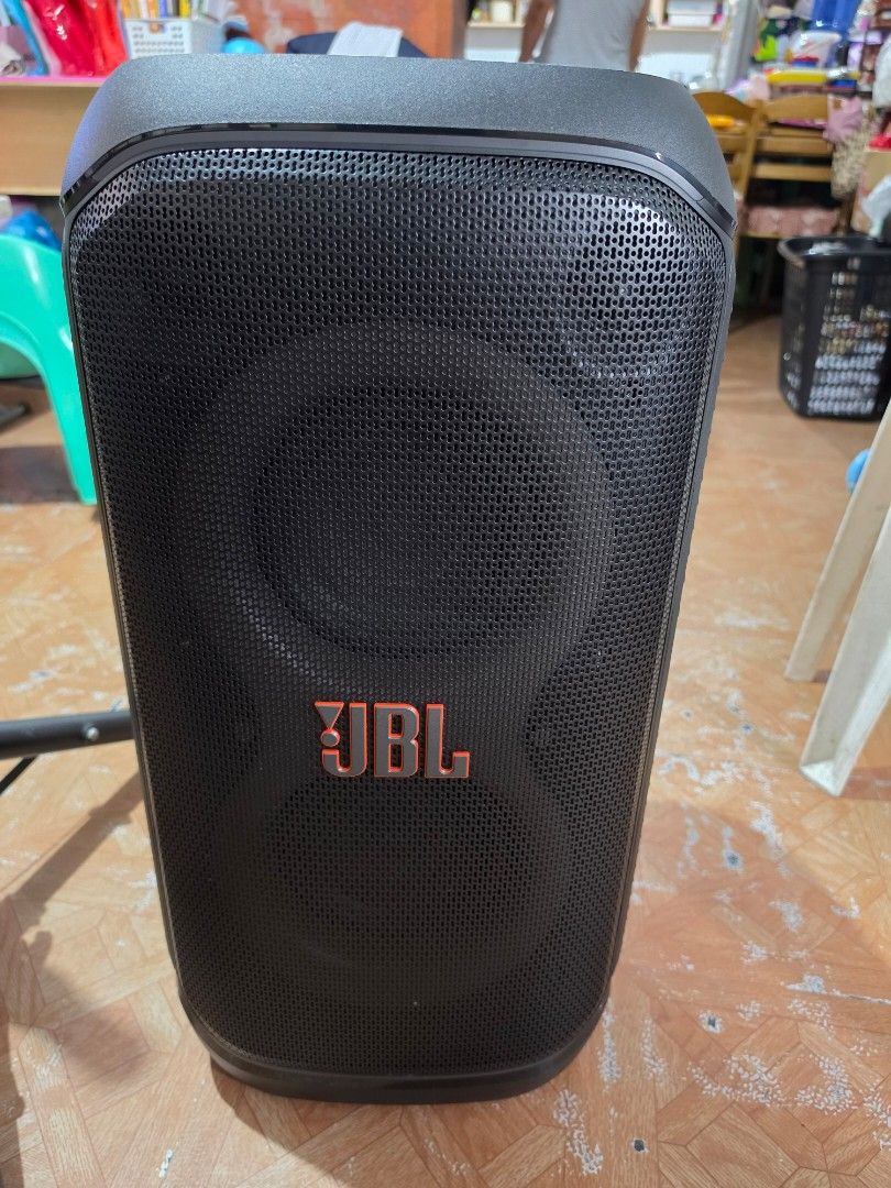 JBL PartyBox Stage 320 Bluetooth Speaker with Stand (Category: Soundbars, Speakers & Amplifiers) located in Quezon City. Submitted by paulcera (Listing ID 1469209693, Image 1). Description: - JBL PartyBox Stage 320 speaker with loud sound and built-in lights - Telescopic handle and wheels for easy transport - Top control panel featuring bass boost, volume, and mic settings - Back panel equipped with USB port, AUX input, and dual mic/guitar inputs