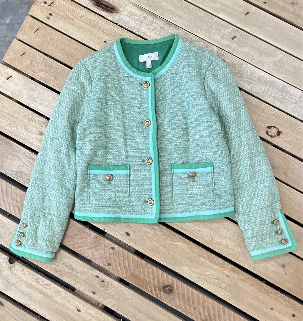 j.crew Tweed Jacket Green Size 8 (Category: Coats, Jackets and Outerwear) located in Santa Rosa. Submitted by thrifty_bev (Listing ID 1469236449, Image 3). Description: - Brand/Style: J.Crew Green Tweed Jacket - Size: 8 (tag attached) - Design: Collarless with elegant contrast trim and fully lined interior - Details: Gold-tone buttons on the front, dual front pockets, and sleeve cuffs - Versatility: Perfect structured piece for the office or laye