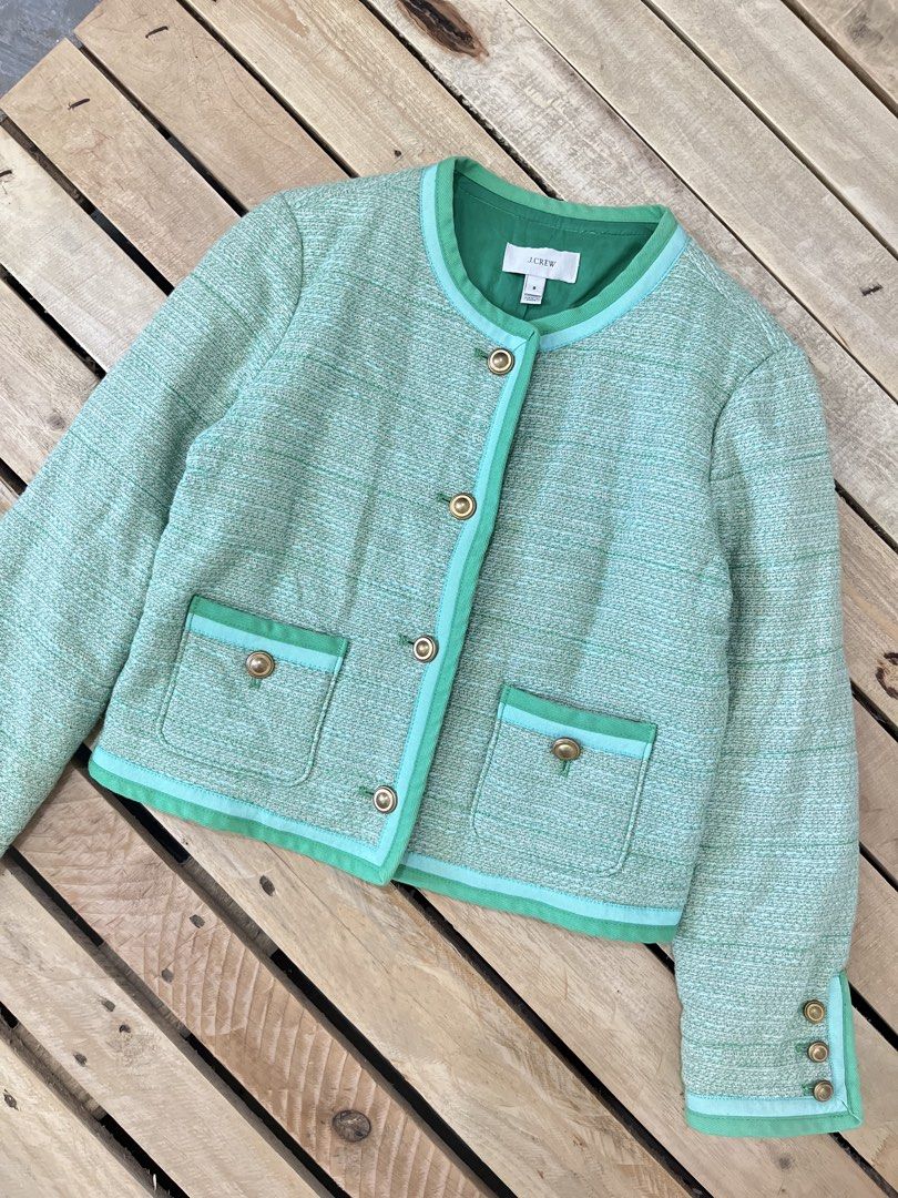 j.crew Tweed Jacket Green Size 8 (Category: Coats, Jackets and Outerwear) located in Santa Rosa. Submitted by thrifty_bev (Listing ID 1469236449, Image 1). Description: - Brand/Style: J.Crew Green Tweed Jacket - Size: 8 (tag attached) - Design: Collarless with elegant contrast trim and fully lined interior - Details: Gold-tone buttons on the front, dual front pockets, and sleeve cuffs - Versatility: Perfect structured piece for the office or laye