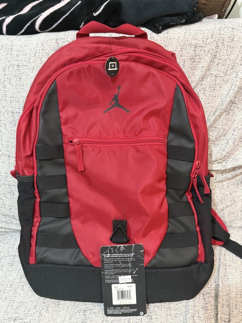 Jordan Red Black Backpack 15 Inch Laptop Compartment (Category: Backpacks) located in Manila. Submitted by vhoggz (Listing ID 1469336660, Image 1). Description: Jordan Backpack - Large main compartment with a padded sleeve for up to 15-inch laptops - Front zip pocket equipped with handy organizers and a mesh pouch - Breathable padded back panel featuring stitched Jordan branding MOP: BDO, BPI.