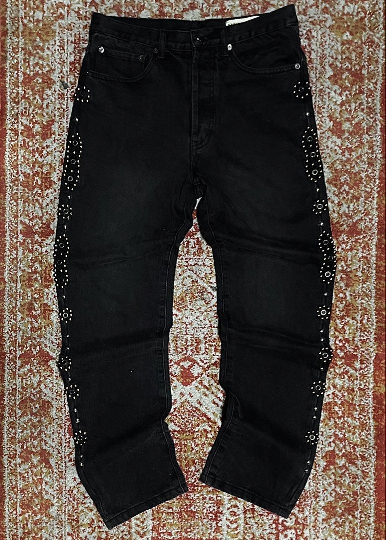 Kapital Black Studded Denim Jeans (Category: Jeans) located in Dumaguete. Submitted by raspberrypepsi (Listing ID 1469191312, Image 1). Description: Length: 41.5" Waist: 16.5" Width: 9" Hem: 7.5" - Brand: Black Kapital (Made in Japan) - Style: Straight leg cut with button fly and traditional five-pocket design - Details: Intricate silver stud patterns running down the outer seams of both legs - Material: Heavyweight solid cotton denim - Branding: