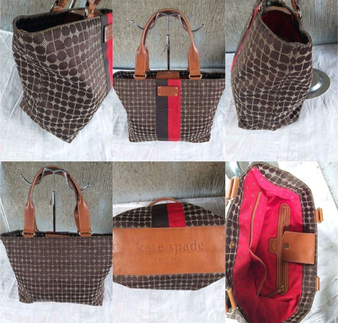 Kate spade noel tote bag (Category: Tote Bags) located in Manila. Submitted by onlinesmartshopping12 (Listing ID 1469381305, Image 1). Description: Kate Spade tote bag with a black and white polka dot pattern .Features brown leather handles and a red stripe detail. The interior is red with a zip pocket. Includes a Kate Spade leather patch on the front and inside..