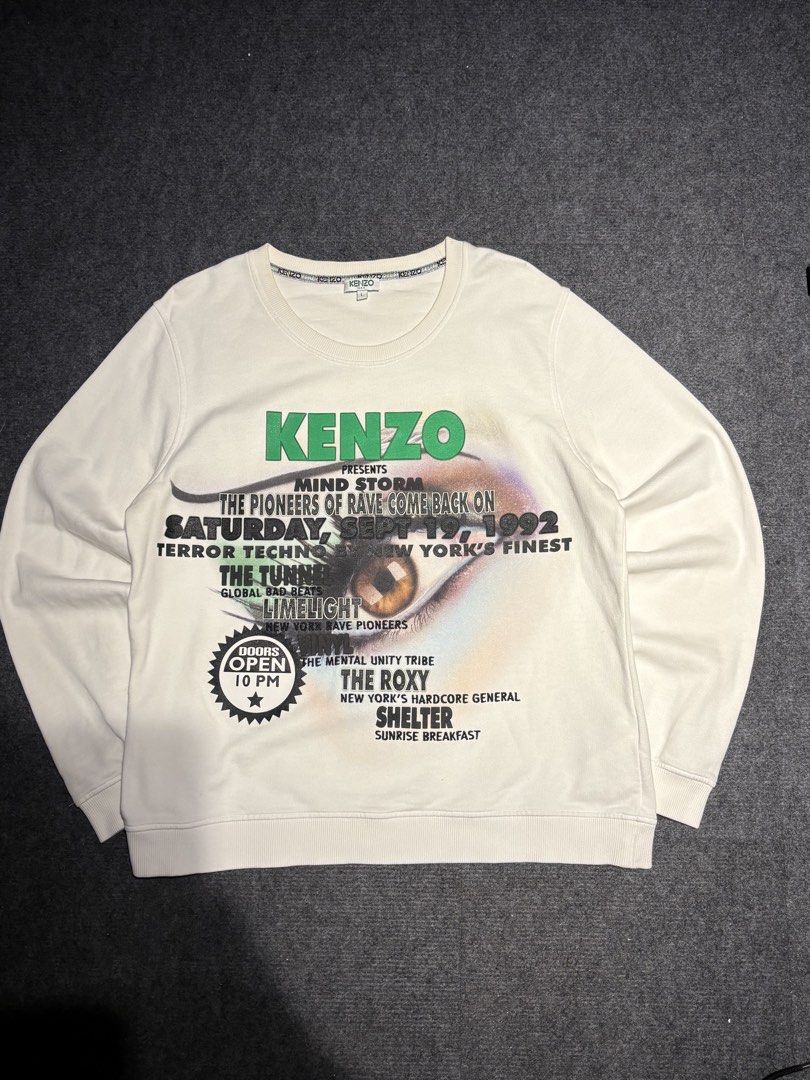 Kenzo crewneck (Category: Hoodies) located in Manila. Submitted by austinace04 (Listing ID 1469162847, Image 1). Description: Brand new condition Size L On Tag 22 x 27 10/10 color rate Issue none.