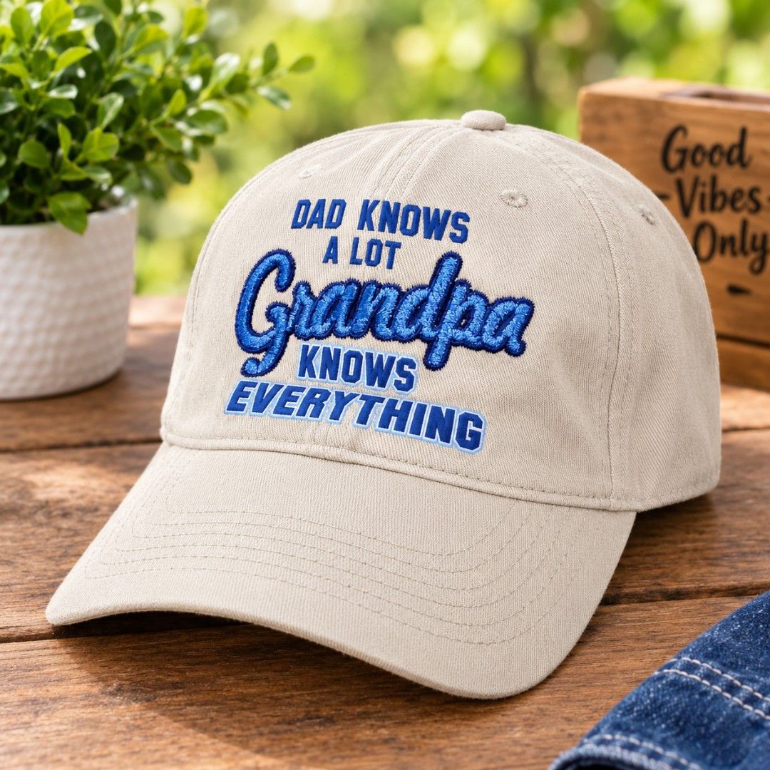 Khaki Grandpa Knows Everything Embroidered Baseball Cap (Category: Caps & Hats) located in Binangonan. Submitted by yuristalin888 (Listing ID 1469357291, Image 1). Description: A stylish khaki baseball cap featuring bold blue embroidered “Dad Knows a Lot, Grandpa Knows Everything” lettering. Designed with a curved brim, stitched panels, and an adjustable back strap for a comfortable fit. A fun and thoughtful gift for grandfathers, perfect for eve