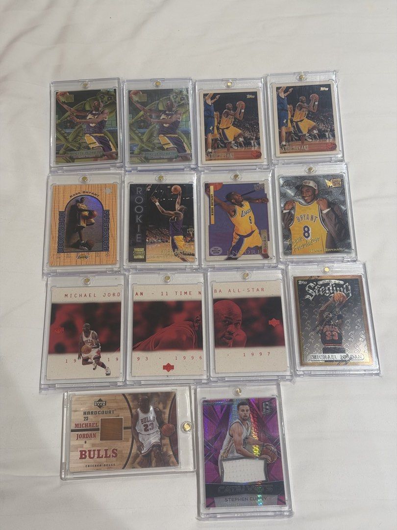 Kobe Bryant Michael Jordan Stephen Curry NBA Cards (Category: Raw Singles) located in Pasig City. Submitted by fxm_collectible_olshop77 (Listing ID 1469237028, Image 1). Description: Near mint to mint Take all 105K.