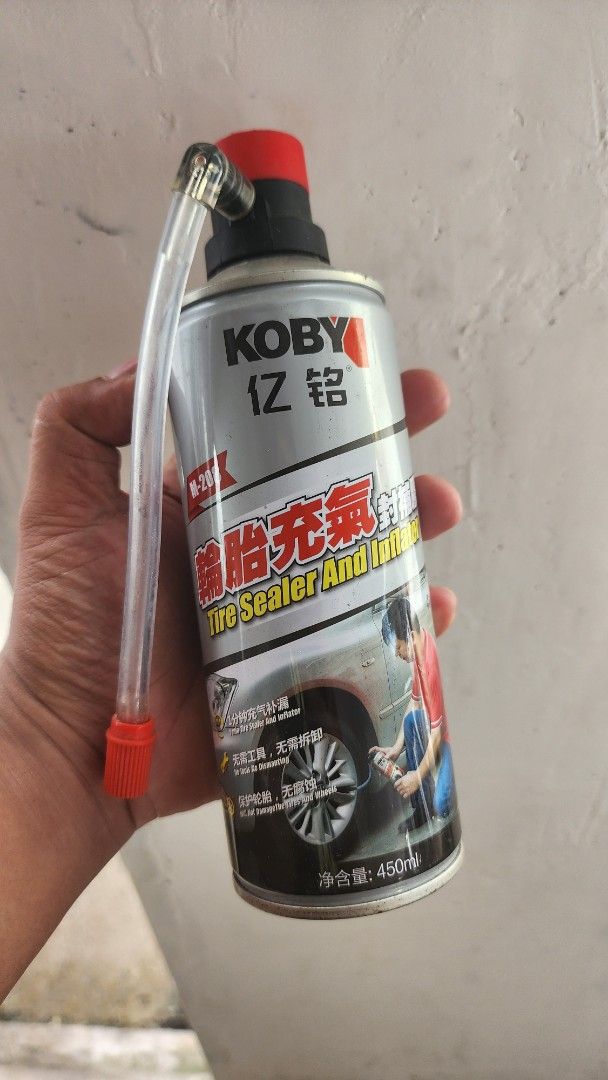 KOBY TIRE INFLATOR AND SEALANT (Category: Mags and Tires) located in Manila. Submitted by karlmark132527 (Listing ID 1469165643, Image 1). Description: Brand New can be use to cars and motorcycle tires. 450 ML Koby brand. pm if interested!.