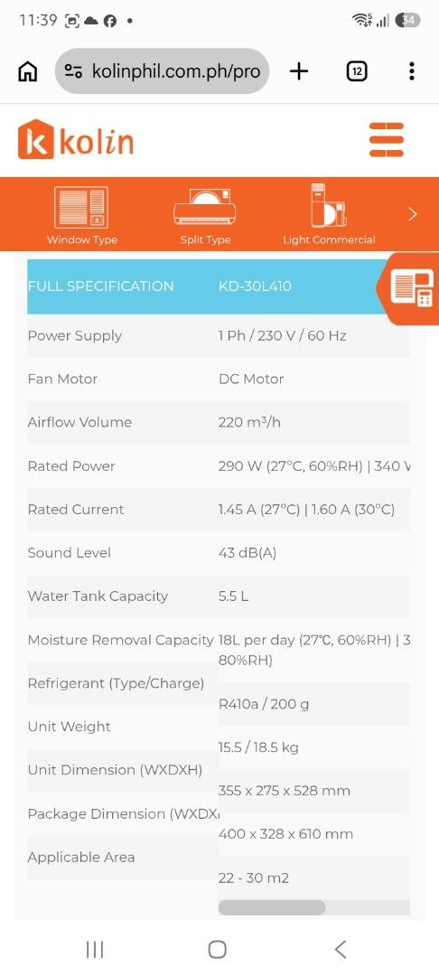 Kolin KD-30L410 Dehumidifier (Category: Air Conditioning and Heating) located in Makati City. Submitted by mkdmaniego (Listing ID 1469242021, Image 2). Description: For sale: Kolin Dehumidifier (Model KD-30L410) - White - Condition: Clean and 100% working properly - Capacity: Removes 18L of moisture/day with a large 5.5L water tank - Coverage: Ideal for 22 to 30 sqm rooms - Specs: Digital front display, 230V, 220 m3/h airflow volume - Dimensions: