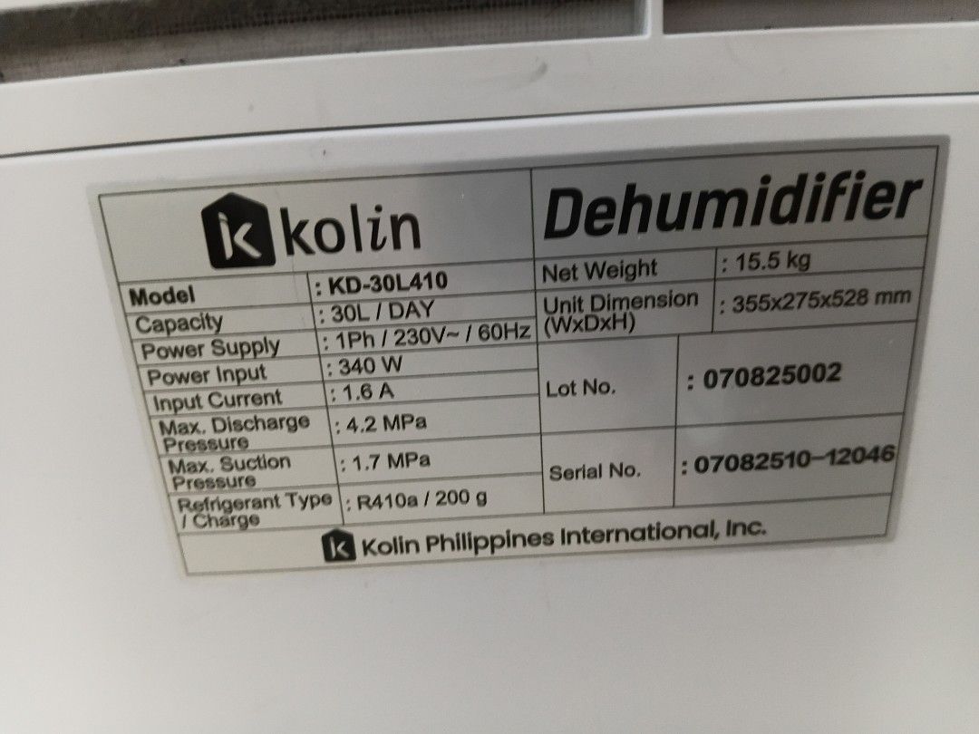 Kolin KD-30L410 Dehumidifier 30L/Day (Category: Air Conditioning and Heating) located in Makati City. Submitted by mkdmaniego (Listing ID 1469241894, Image 1). Description: - Brand/Model: Kolin KD-30L410 Heavy-Duty Dehumidifier - Capacity: Removes up to 30 liters of moisture per day - Performance: Great for damp rooms and indoor laundry drying - Power: 230V / 340W energy-efficient operation - Specs: Uses R410a refrigerant (200g charge) - Dimensio
