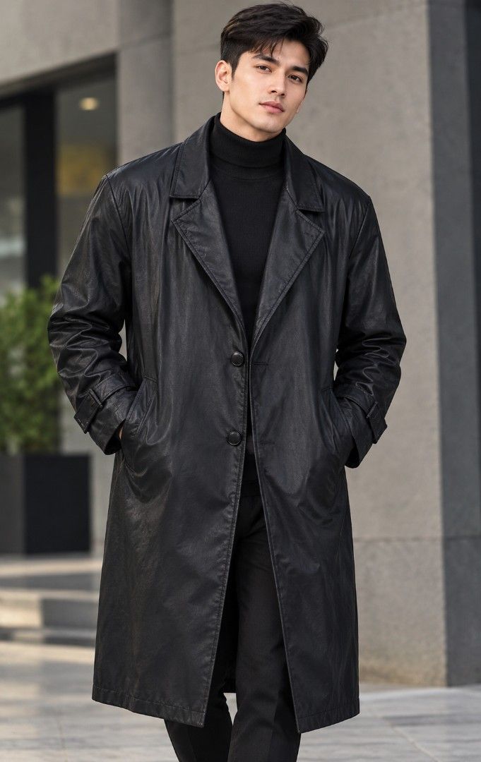 KOMITOR VINTAGE LEATHER COAT (Category: Coats, Jackets and Outerwear) located in Pagsanjan. Submitted by thriftyclothes33 (Listing ID 1469309284, Image 1). Description: 🔥 KOMITOR VINTAGE LEATHER COAT 🧥🤎 💰 ₱1,500 + SF ✨ Classic vintage Korean style 🇰🇷 ✨ Long coat with aged leather finish ✨ Notched lapels & deep hand pockets ✨ Adjustable buckle cuffs 🏷️ Medium to Large 📏 Width 24" • Length 45" 📐 Shoulder 20" 📦 From U.S. package 📍 Laguna 