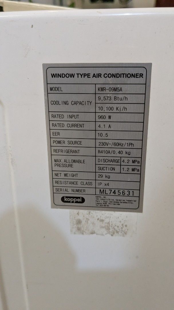Koppel 1.0 hp Window Type non-inverter Air Conditioner (Category: Air Conditioning and Heating) located in Makati City. Submitted by netsrak07 (Listing ID 1469297716, Image 2). Description: - Brand/Model: Koppel KWR-09M5A Window Type Aircon - Controls: Manual thermostat and operation mode Location: Makati RFS: changed to inverter.