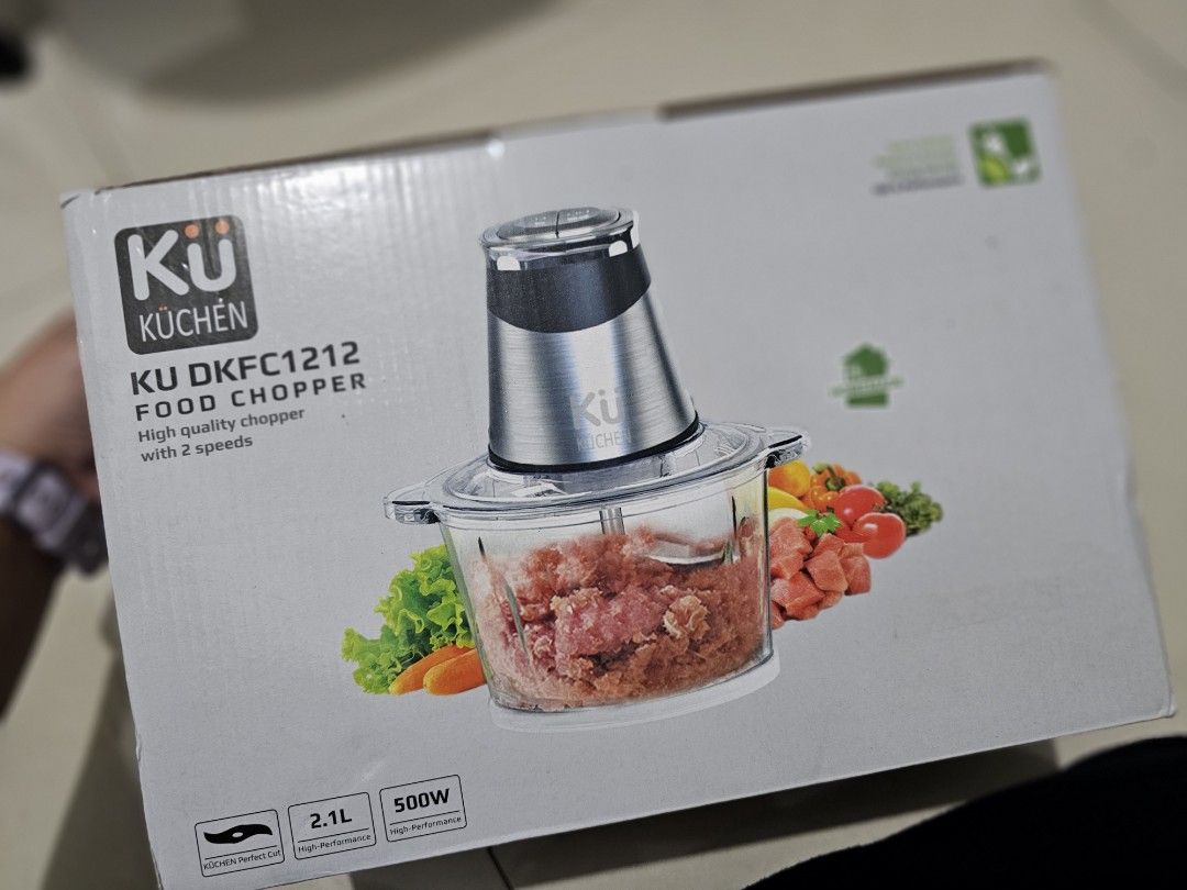 Kuchen KU DKFC1212 Food Chopper (Category: Cookware & Accessories) located in Makati City. Submitted by k05678 (Listing ID 1469321821, Image 1). Description: - Model: Kuchen KU DKFC1212 - Power: 500W motor for efficient chopping - Capacity: 2.1L durable glass bowl - Settings: 2 speed options for better control - Versatile: Great for meats, vegetables, and more - Condition: Original box included.