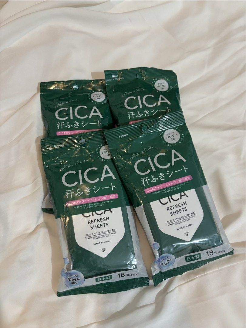 Kyowa CICA Refresh Sheets 18 Sheets (Category: Face Care) located in Bulacan. Submitted by janeeeeelleeeee (Listing ID 1469307744, Image 1). Description: - Infused with skin-soothing CICA extract and hydrating hyaluronic acid - Clean and refreshing soap scent - Made in Japan - Handy, pocket-sized packs for easy freshness anytime, anywhere - Japanese-made body & sweat cleansing sheets 120 per pack 9pcs available.