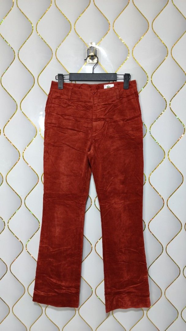Lacoste Corduroy Pants Rust Red (Category: Jeans) located in Manila. Submitted by zariyah.1986 (Listing ID 1469216584, Image 1). Description: - Brand: Lacoste - Style: Classic straight cut corduroy pants - Color: Rich rust red - Size: Marked 38 (tagged 26 x 36 inside) - Details: Soft ribbed texture, belt loops, standard pockets, and signature crocodile logo tag - Condition: Great vintage aesthetic with solid construction.