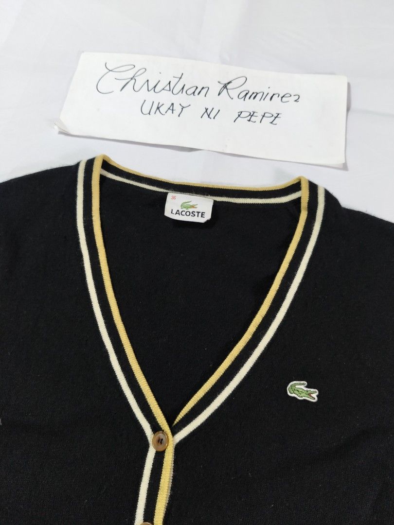 Lacoste wool cardigan (Black) (Category: Coats, Jackets and Outerwear) located in Bocaue. Submitted by ukaynipepe (Listing ID 1469321240, Image 2). Description: Lacoste Lined cardigan (black) Size 36 on tag Wool 🧶 Width 16 Length 24 No flaws.