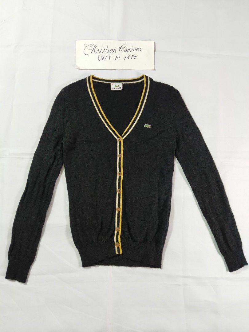 Lacoste wool cardigan (Black) (Category: Coats, Jackets and Outerwear) located in Bocaue. Submitted by ukaynipepe (Listing ID 1469321240, Image 1). Description: Lacoste Lined cardigan (black) Size 36 on tag Wool 🧶 Width 16 Length 24 No flaws.