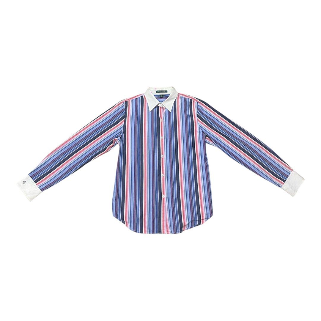 Lauren Ralph Lauren Striped Button-Down Shirt (Category: Tshirts & Polo Shirts ) located in Baguio. Submitted by find_found001 (Listing ID 1469338580, Image 1). Description: - Brand: Lauren Ralph Lauren - Style: Striped button-down shirt with contrast white collar and cuffs - Color: Multi-color vertical stripes (blue, pink, navy) with white accents - Size: M - Material: 100% Cotton (machine washable) - Special Feature: Embroidered RL monogram log