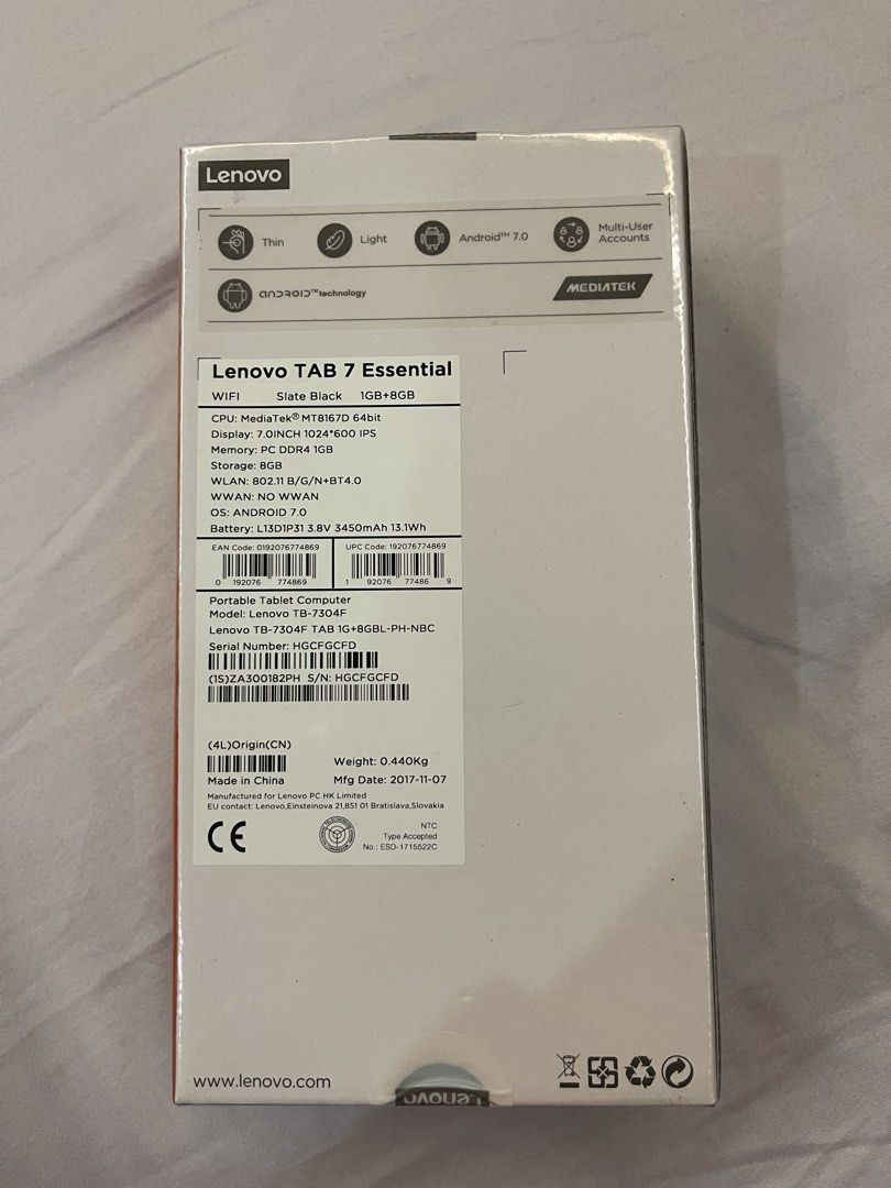 Lenovo Tab7 Essential Tablet (Category: Others) located in Pasig City. Submitted by altopentle (Listing ID 1469207825, Image 2). Description: - Brand: Lenovo - Model: Tab 7 Essential (TB-7304F) - Color: Slate Black - Display: 7.0-inch 1024x600 IPS screen - Processor: MediaTek MT8167D 64bit - Storage & Memory: 8GB storage, 1GB RAM - Operating System: Android 7.0 - Features: Thin & light design, multi-user accounts supported - Condition: Brand new 