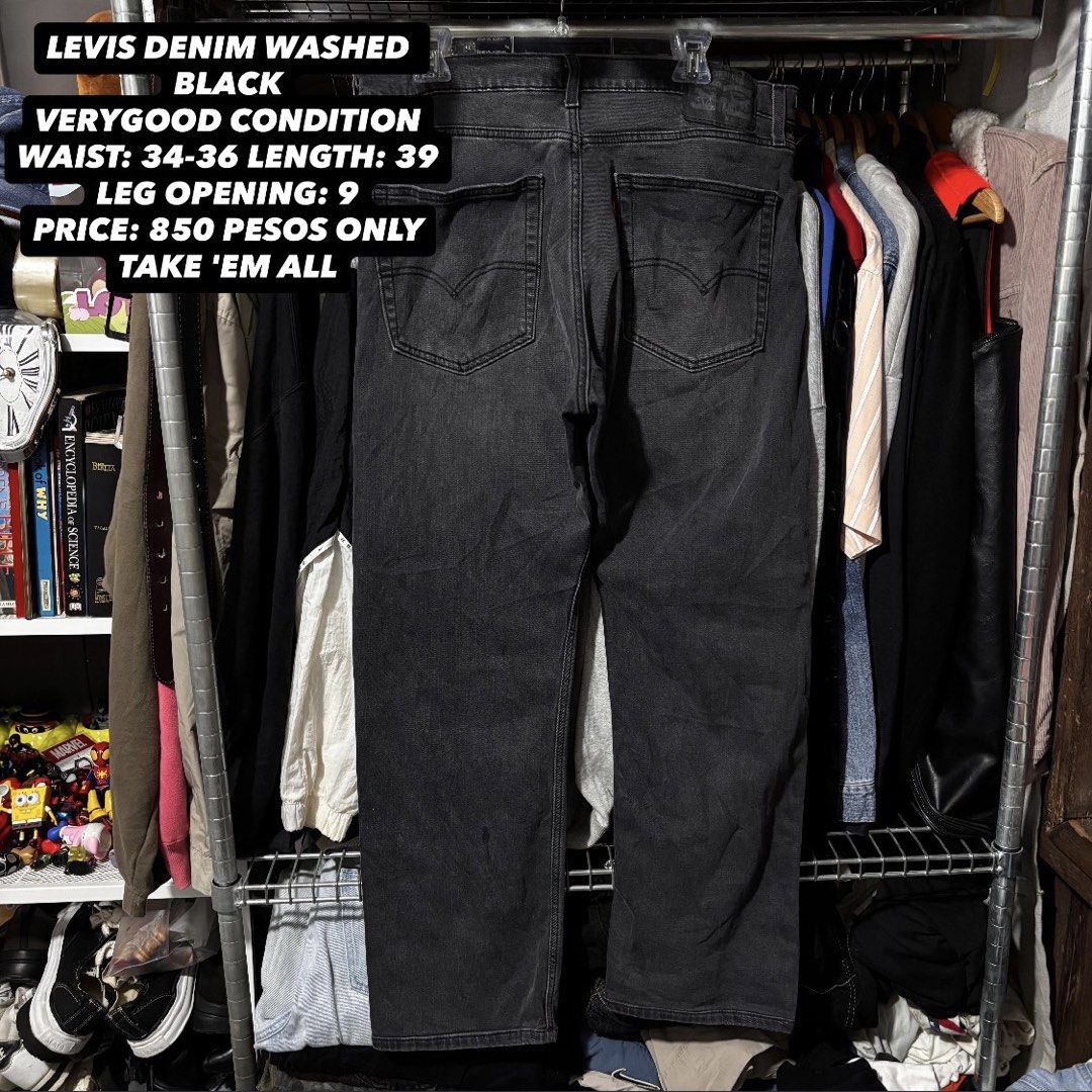 Levi's Denim Washed Black Jeans (Category: Jeans) located in Caloocan City. Submitted by bonsatocha43876 (Listing ID 1469327006, Image 1). Description: - Brand: Levi's - Color: Washed black - Fit: Relaxed through thighs with a classic straight leg - Waist: Mid rise with standard button and zipper fly - Pockets: Classic five-pocket styling with unique history print graphics inside - Details: Signature back pocket stitching and black leather back w