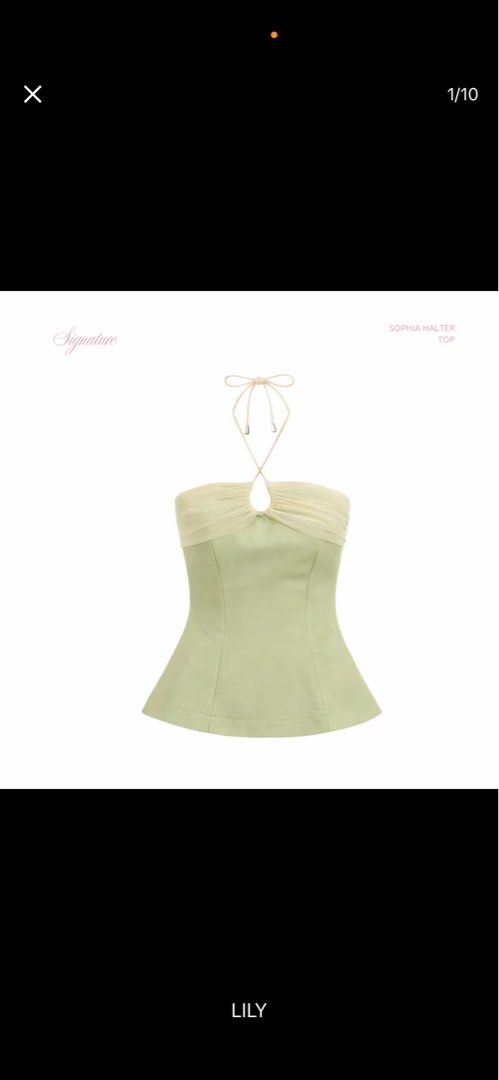 Lily Sophia Halter Top Green (Category: Sleeveless) located in Victoria. Submitted by gcel01 (Listing ID 1469245106, Image 1). Description: Style: Sophia halter top in trendy sage green with a clean aesthetic Design: Peplum waist with structured seams and contrast cream mesh bust detailing Details: Tied halter neckline with metallic tips and back zipper closure .