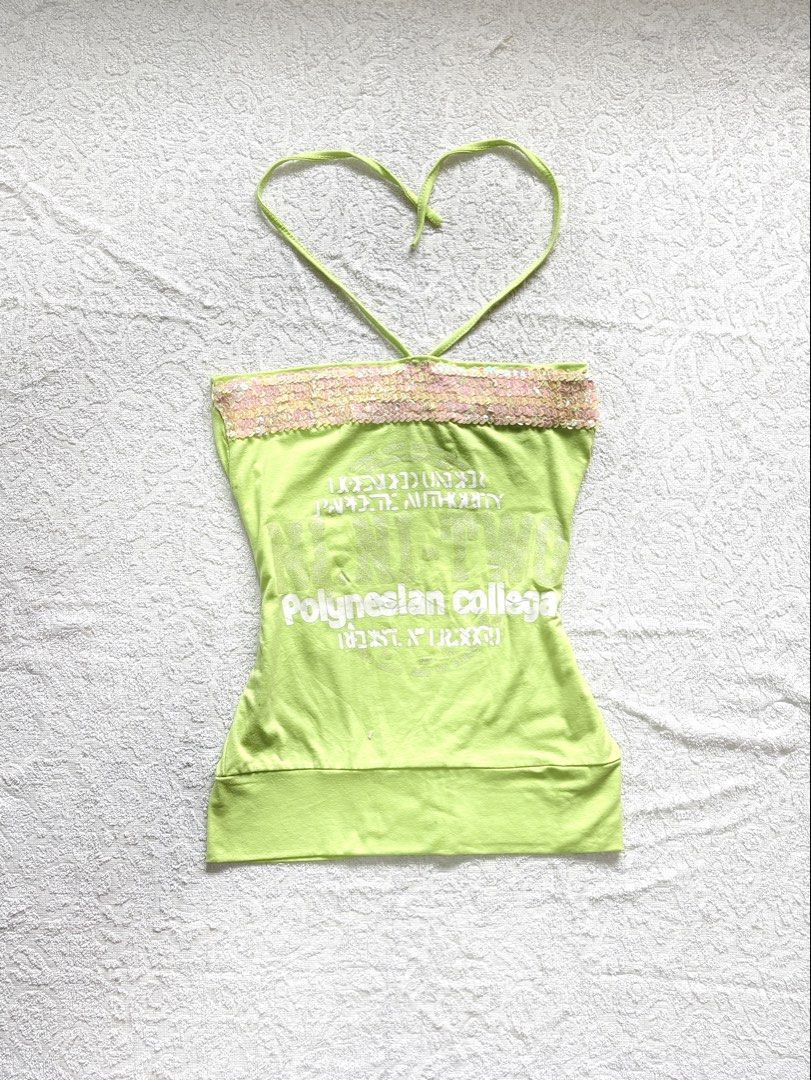 Lime Green Sequin Halter Top Y2K Graphic Tee (Category: Sleeveless) located in Butuan. Submitted by saloreia (Listing ID 1469290619, Image 1). Description: ── ⟡ ˙💌 ̟ lime green y2k halter ‧₊˚ ⋅ a pop of lime with sparkly details ‧₊˚ ⋅ ┆ ⤿ brand : none ┆ ⤿ size : XS–S*.