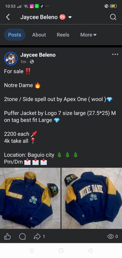 Logo 7 Notre Dame Fighting Irish Puffer Jacket Large (Category: Coats, Jackets and Outerwear) located in Manila. Submitted by ramosjacqu35241 (Listing ID 1469184388, Image 1). Description: For sale ‼️ Notre Dame 🔥 2tone / Side spell out by Apex One ( wool )💎 Puffer Jacket by Logo 7 size large (27.5*25) M on tag best fit Large 💎 2200 each 📌 4k take all 📍 Location: Baguio city 🌲 🌲 🌲 Pm/Dm 📩 📩 📩.