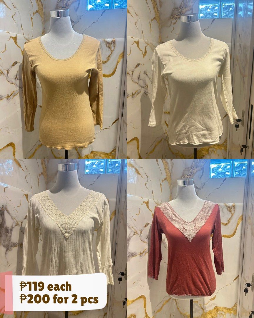 Long Sleeve Lace Trim Tops (Category: Longsleeves) located in Cavite. Submitted by ukeyks (Listing ID 1469162914, Image 1). Description: - 4 stylish long sleeve tops available for layering in cooler weather - Soft and stretchy comfortable material - Options: Plain beige, off-white with lace trim, white ribbed with large V-neck lace panel, and dusty rose with matching lace V-neck - Price: ₱119 each - Special Promo: Bundle any 2 tops for only ₱200 