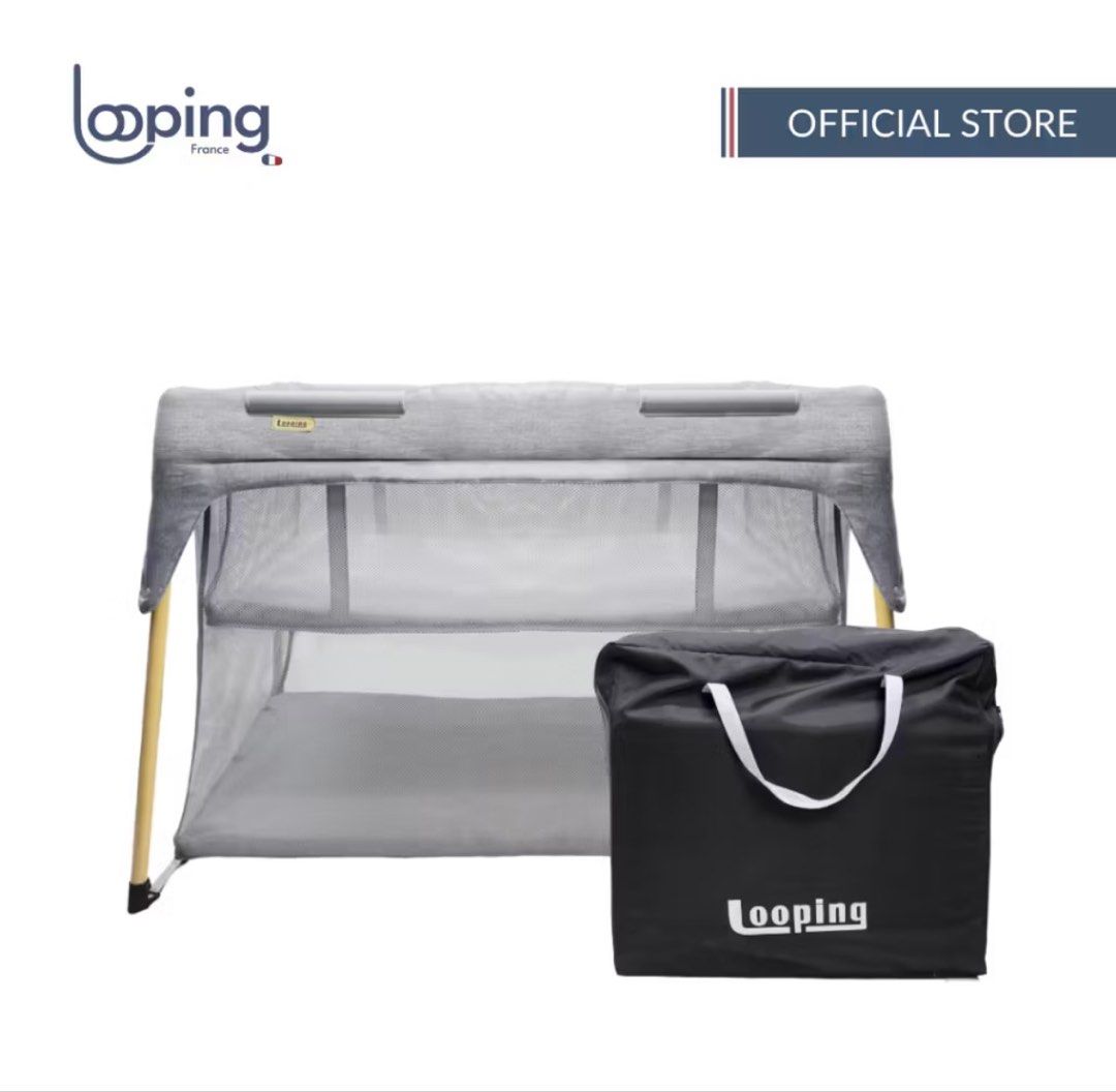 Looping Baby Travel Cot / Playpen (Category: Cots & Cribs) located in Quezon City. Submitted by KRC07 (Listing ID 1469264145, Image 1). Description: - First photo for reference only of model - Brand/Model: Looping baby travel cot in stylish grey - Condition: Clean and well-maintained, ready for use - Portability: Compact fold design that fits into a handy black carry bag with white handles - Safety & Comfort: Features breathable mesh sides for ve