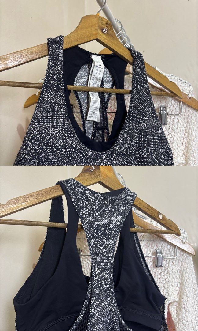 Lululemon Black White Pattern Tank Top Size 6 (Category: Sleeveless) located in Ajuy. Submitted by galitsabarat (Listing ID 1469279259, Image 3). Description: - Brand: Lululemon - Size: 6 (Measures 170/88Y) - Color/Pattern: Black and white dotted print - Support: Built-in black sports bra with breathable mesh back panel - Design: Racerback with trendy cutout detail and subtle silver logo near hem - Material: Lightweight, stretchy, and performance