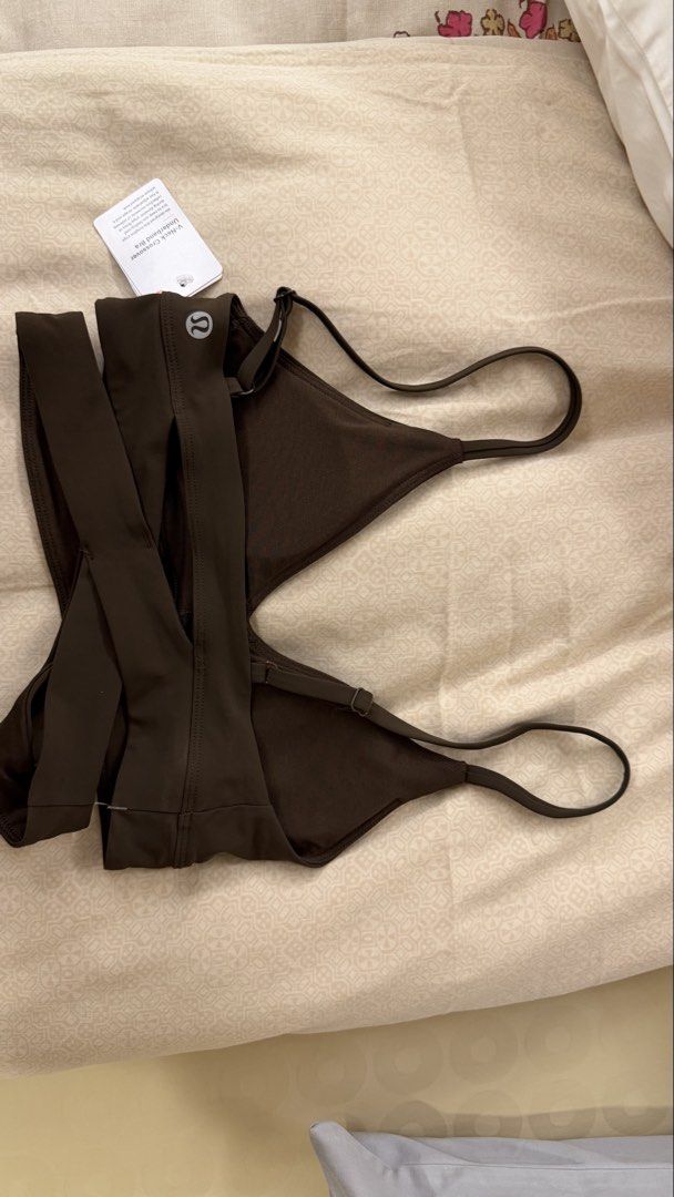 Lululemon V-Neck Crossover Underband Bra (Category: Activewear) located in Quezon City. Submitted by alyssaaa0 (Listing ID 1469345562, Image 1). Description: - Brand: Lululemon - Style: V-Neck Crossover Underband Bra - Color: Dark Brown - Condition: Brand new with original tag attached, unworn - Features: Crossover back strap design, adjustable shoulder straps, supportive fit - Ideal for: Yoga, workouts, or casual wear.